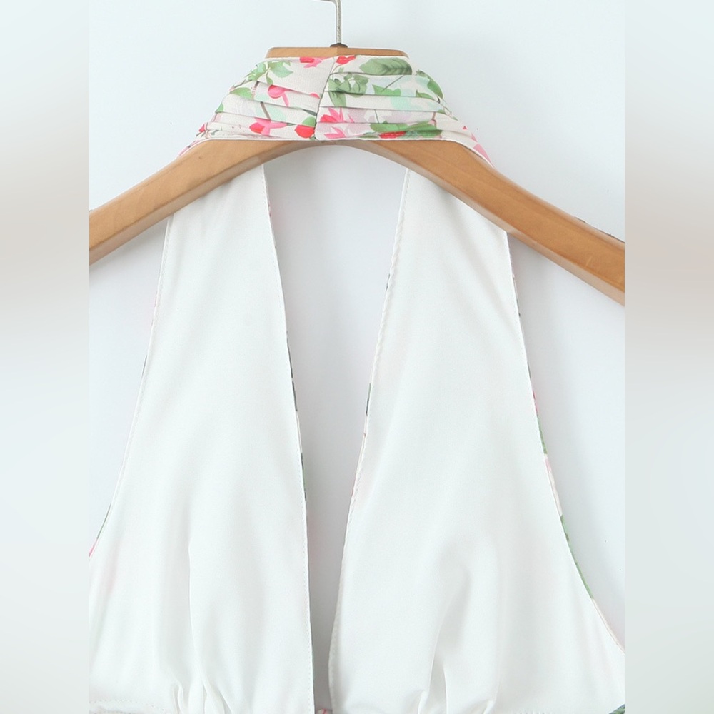 NWT Romantic Floral Halter Mini Dress - Sleeveless Ruffle Skater Look S-L - Picture 6 of 12
